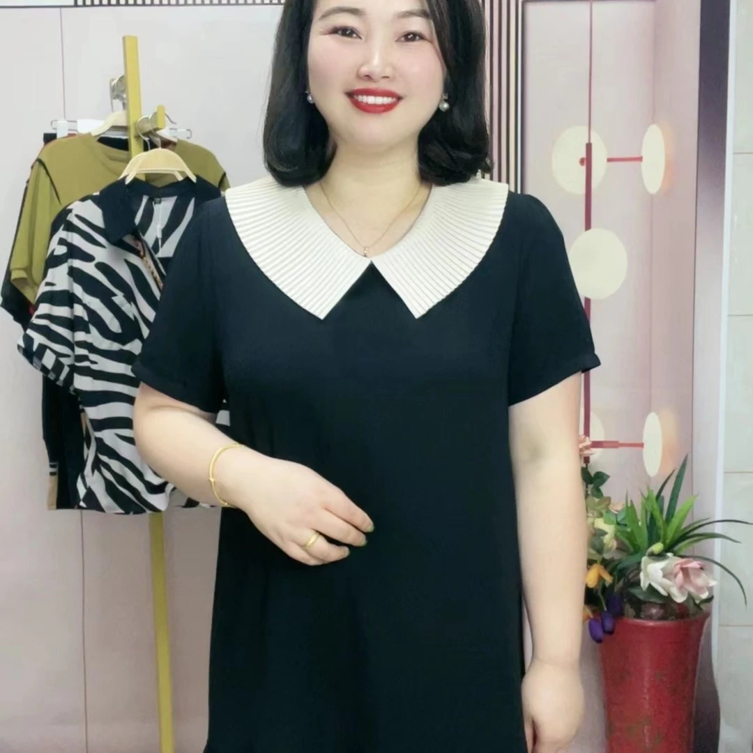 1871-夏季显瘦气质连衣裙休闲宽松遮肚子娃娃领连衣裙