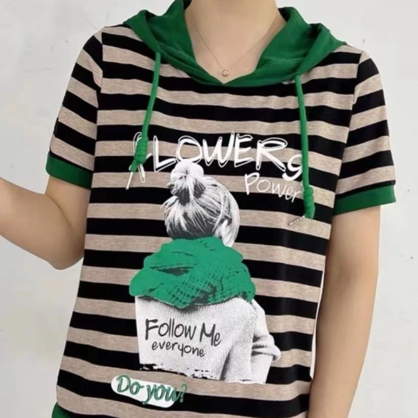 6656-新款连帽条纹短袖时尚休闲百搭显瘦T恤