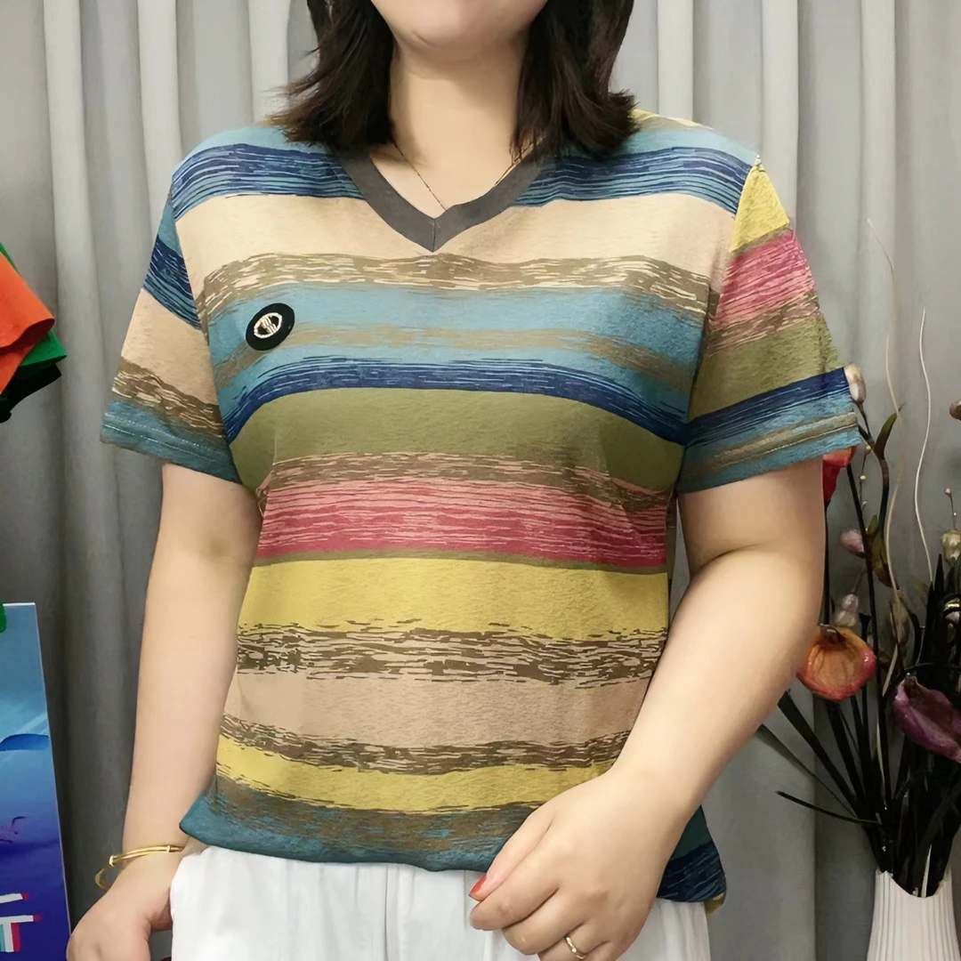 71A-新款洋气减龄显瘦彩条印花短袖T恤