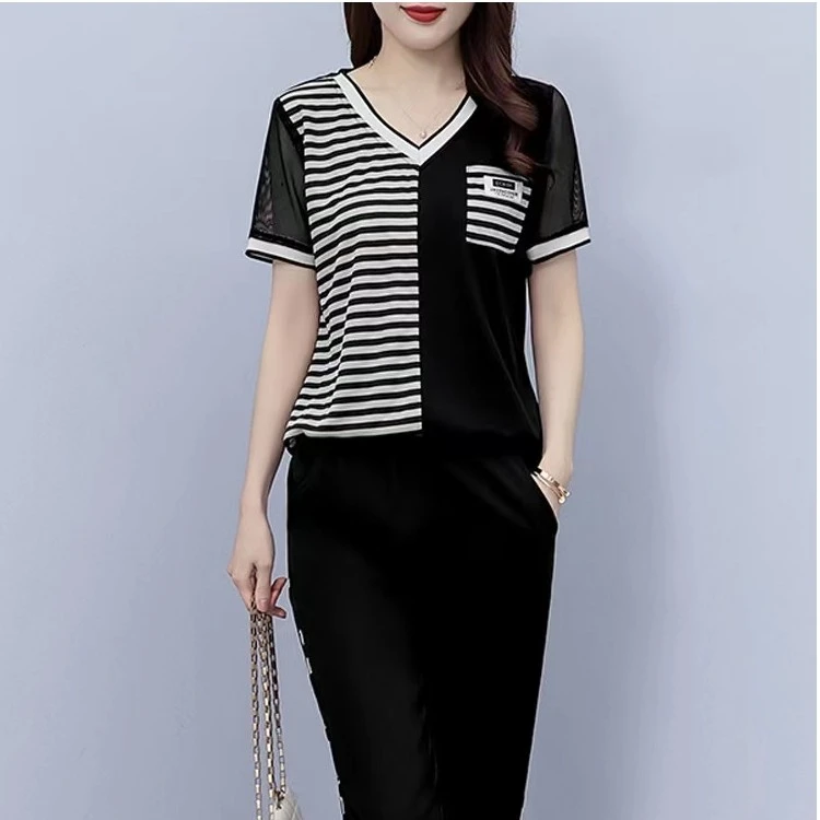 857-夏季V领时尚洋气套装显瘦减龄休闲运动套装