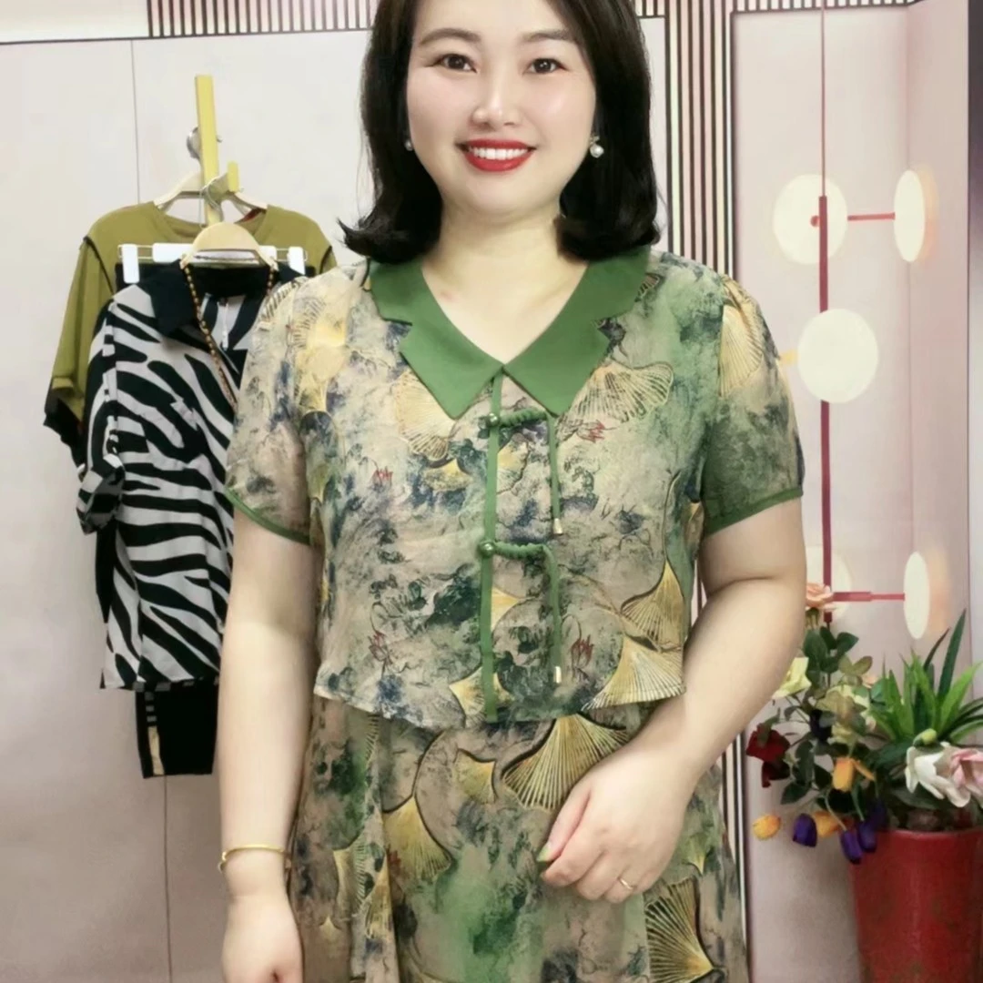 930-显瘦妈妈装夏季新款时尚洋气假两件大码连衣裙