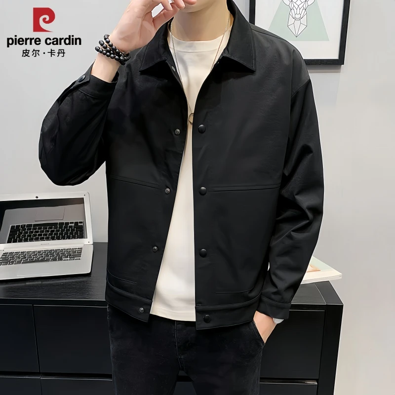 皮尔卡丹外套男春秋薄款韩版潮流帅气百搭翻领日系复古工装夹克男