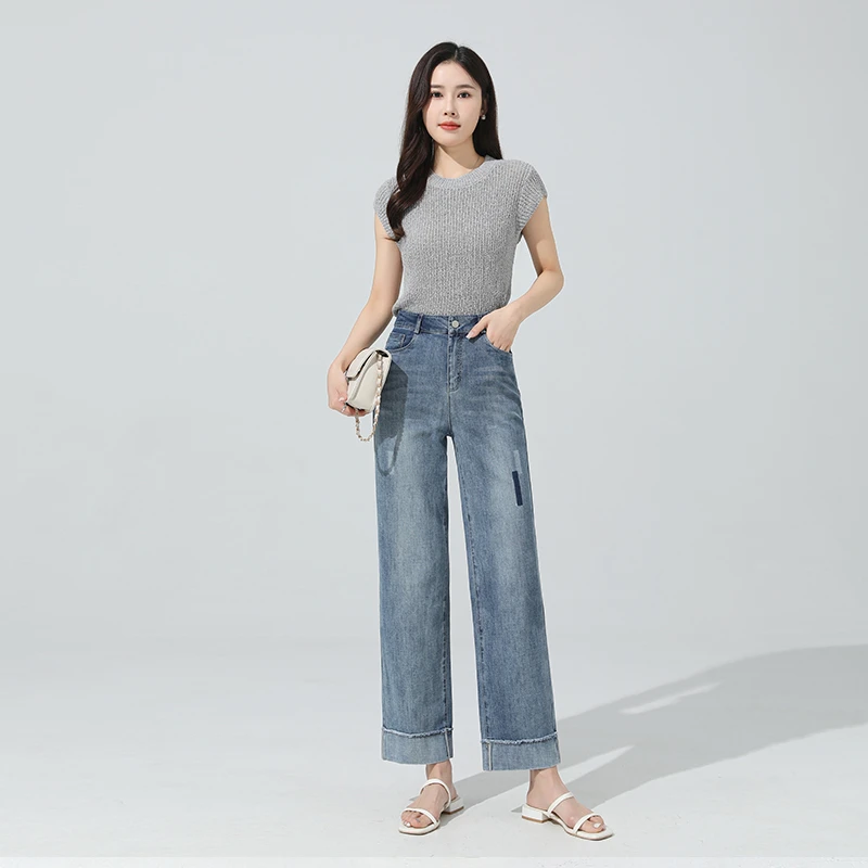 时尚翻边牛仔裤女窄版阔腿裤夏季薄款宽松高腰显瘦百搭直筒九分裤