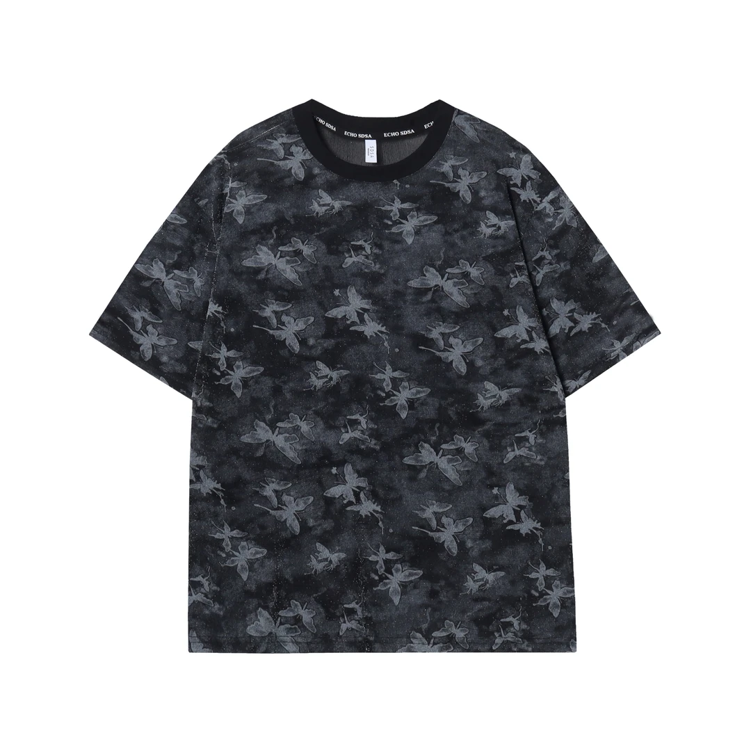 T733-CY夏季新款蝴蝶印花短袖潮流时尚百搭上衣宽松休闲圆领T恤