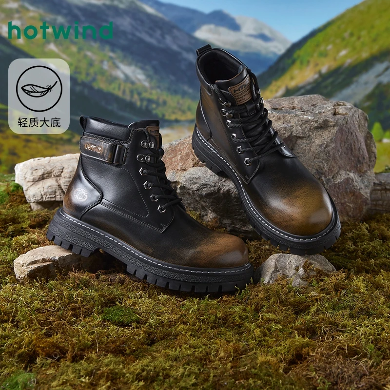 热风2024年冬季新款中高帮男士时尚休闲靴复古增高工装靴H95M4433