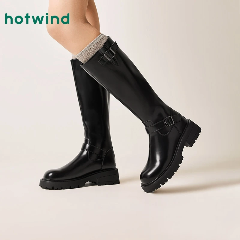 热风2024年冬季新款女士时尚休闲靴场筒加绒黑色过膝靴子H85W4411