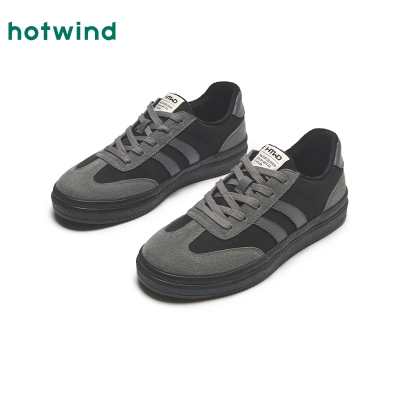 热风2024年冬季新款男士时尚加绒地帮休闲德训鞋舒适板鞋H92M4409