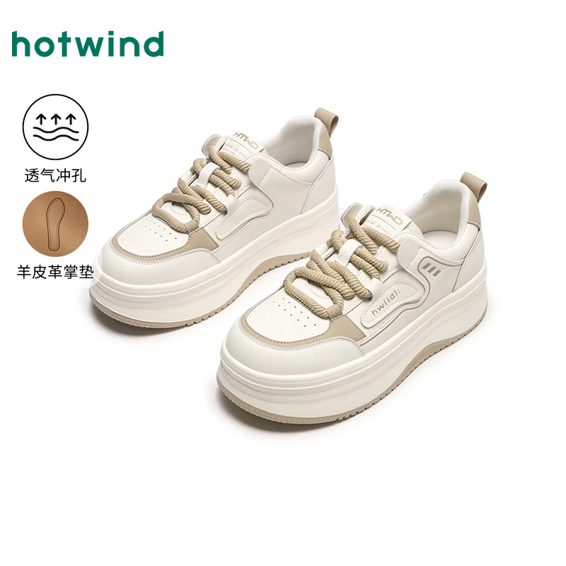 热风厚底小白鞋2025年春季新款女士松糕底运动户外板鞋H14W25116