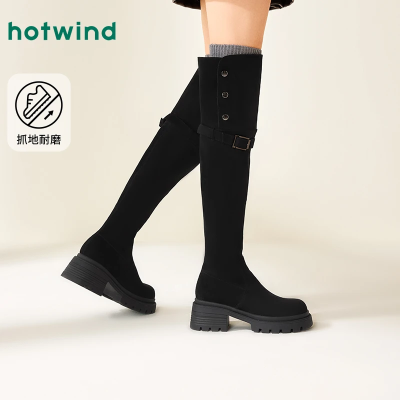 热风2024年冬季新款女士时尚休闲靴圆头高跟显瘦高筒靴H85W4416