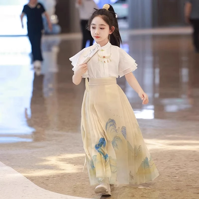 儿童马面裙女童汉服夏款短袖套装薄款古风古装中国风明制唐装夏季