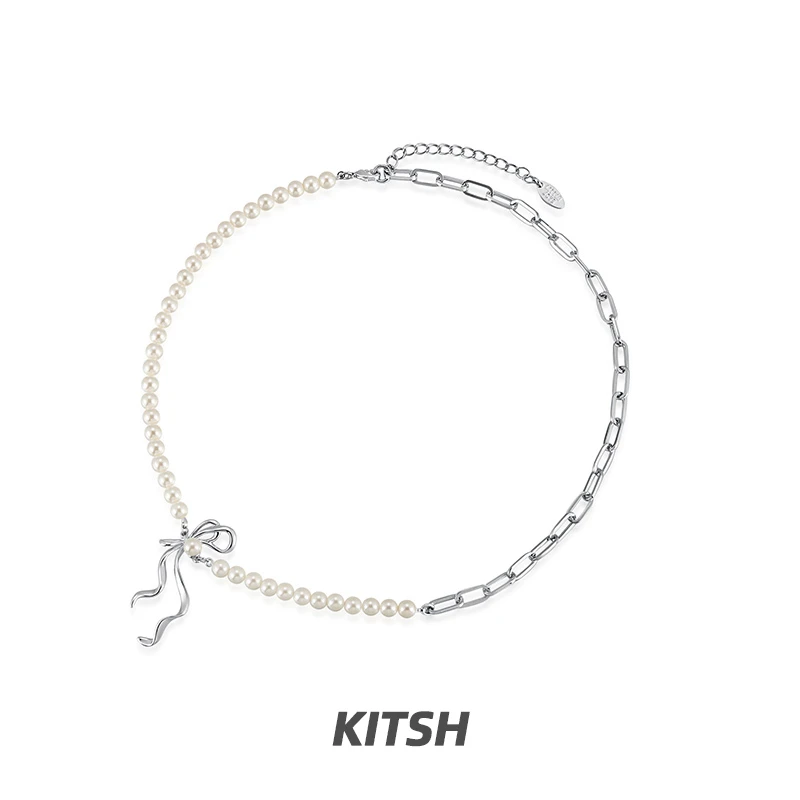 kitsh 铜合金项链 蝴蝶结珍珠链条项链女原创设计精致气质锁骨链