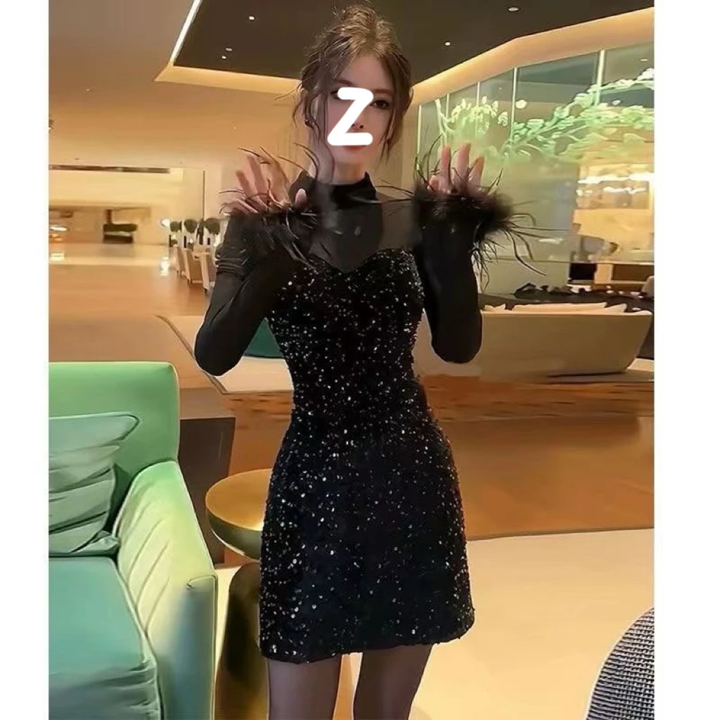 连衣裙名媛生日女装2024年新款气质网纱拼接亮片包臀长袖裙子