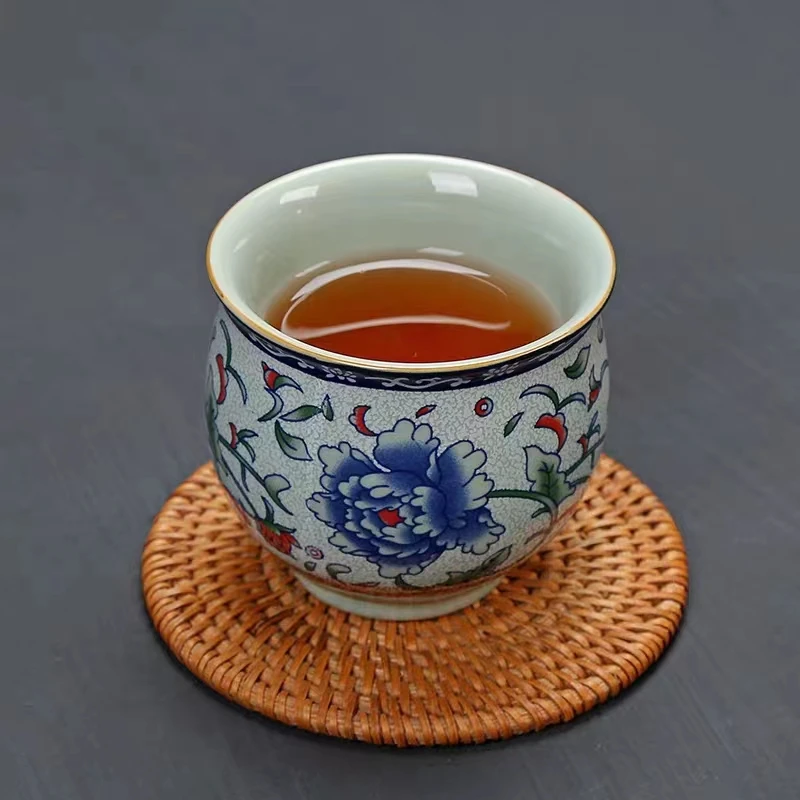 复古青花“牡丹花开”双层陶瓷杯 家用不烫手主人杯
