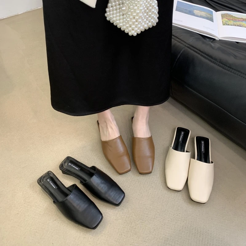 韩国春季春夏女鞋网红上班平底半拖小众方头包头半半包头拖鞋女