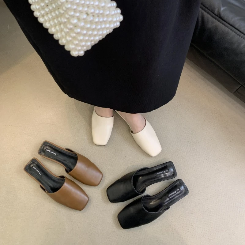 方头半拖鞋女包头低跟平底鞋夏季上班新款外穿韩版半包头拖鞋女