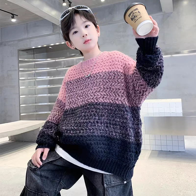 男童毛衣秋冬款2024新款儿童拼色针织衫上衣中大童男孩打底衫冬装