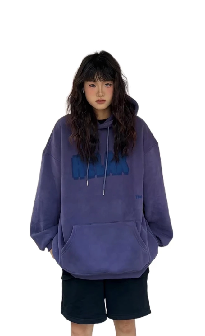 紫色今年流行漂亮上衣女2023网红同款秋冬加绒情侣宽松