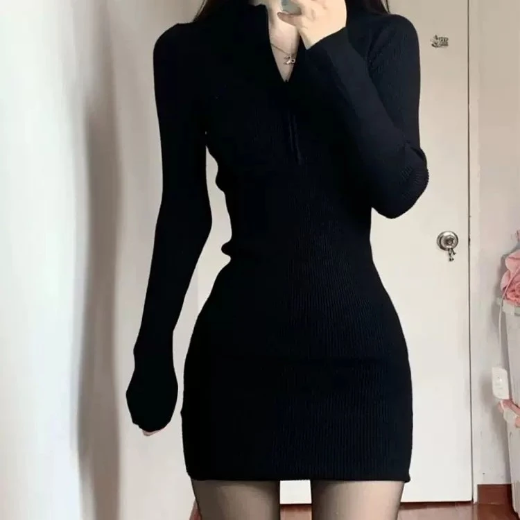 辣妹紧身针织性感御姐半拉链包臀连衣裙女早春2025新款黑色裙子