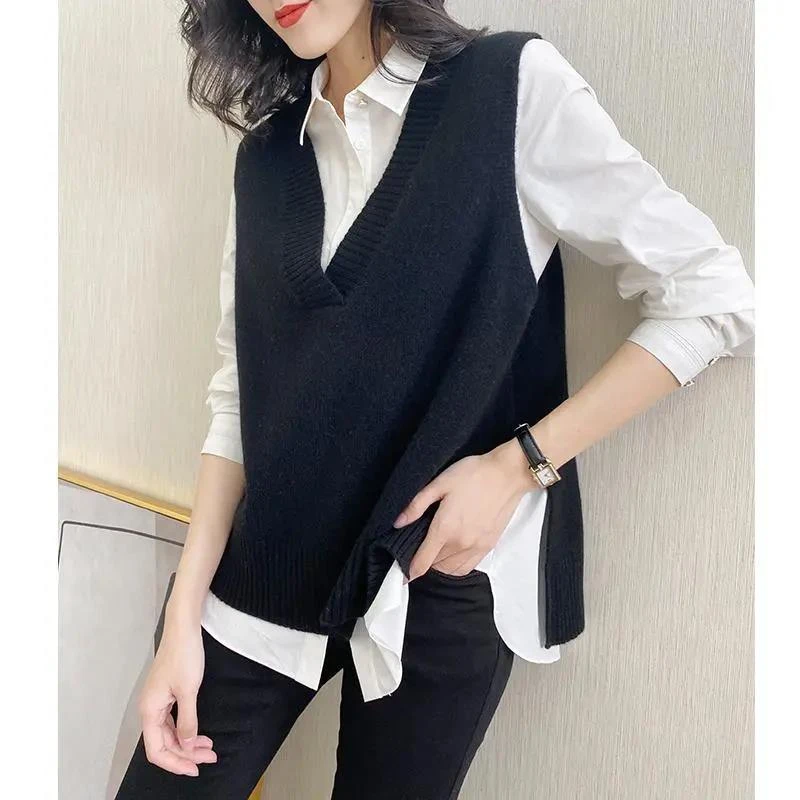 针织衫毛衣马甲背心女秋冬新款外搭开叉无袖上衣V领宽松套头马夹