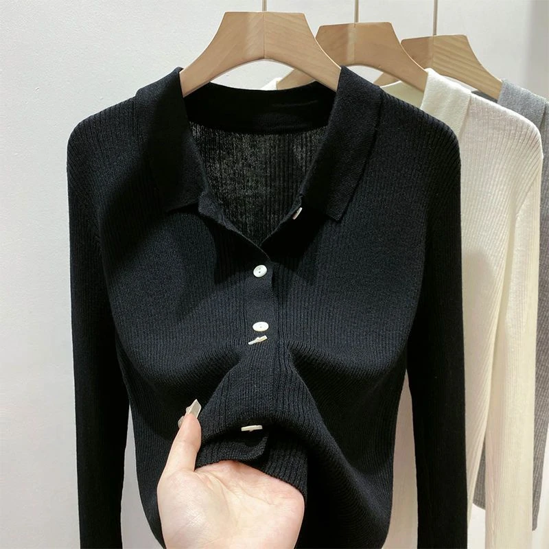 宽松显瘦方翻领针织开衫女装春秋冬新款polo领长袖上衣外套打底衫