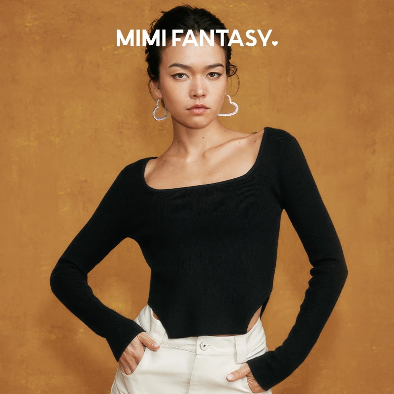 咪咪范特西2023秋季新款显瘦气质时尚百搭方领长袖针织衫