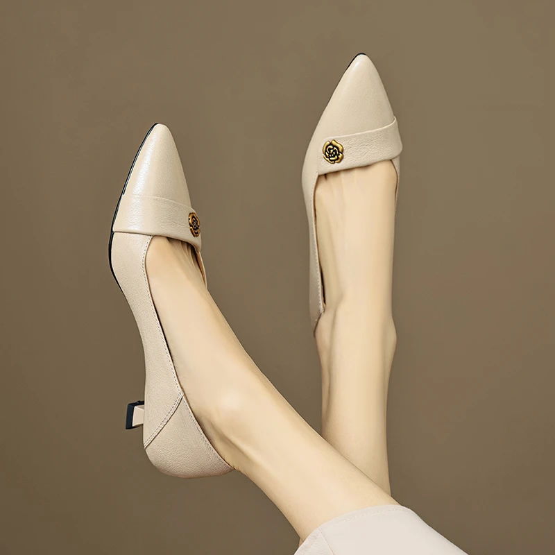 羊皮/跟高3.5CM/2024新款秋季真皮尖头中跟皮鞋软面软底单鞋女