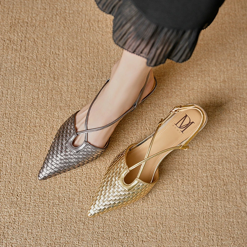 羊皮/跟高4.5CM/2025新款夏真皮包头中跟软面软底编织百搭凉鞋女