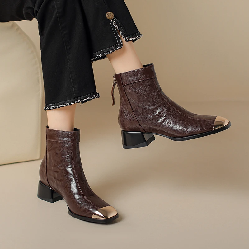 羊皮/跟高4CM/2024新款秋冬季中跟短靴女踝靴单靴软面皮靴