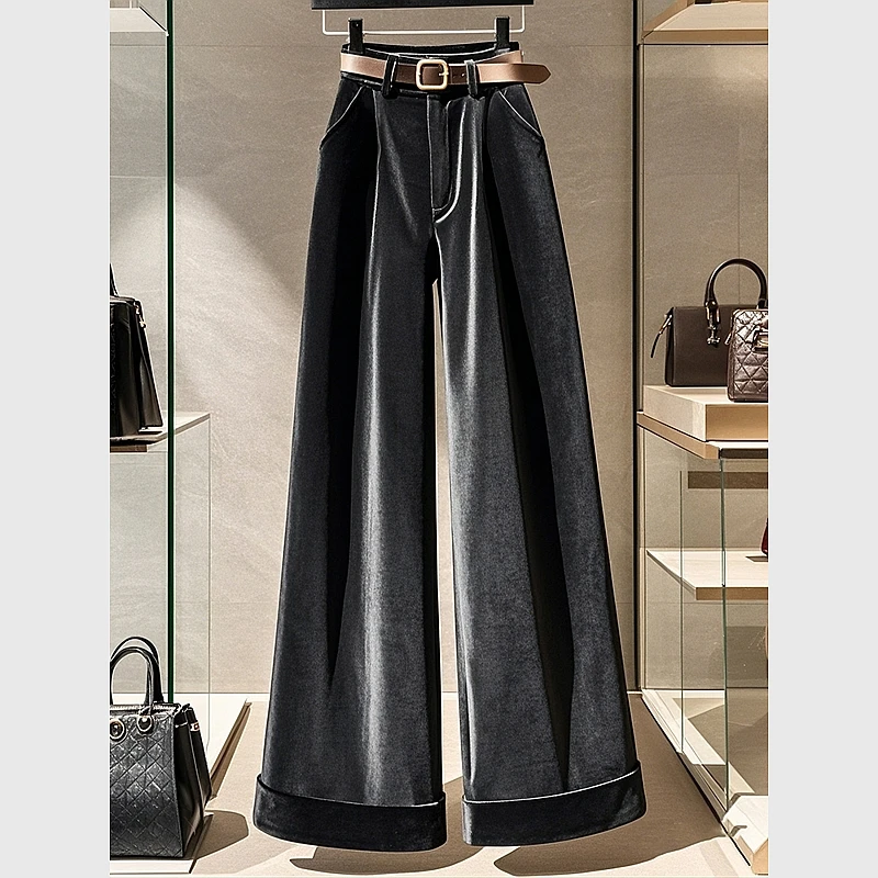 今年爆款黑色垂感丝绒阔腿裤女春季2025高腰显瘦窄版休闲直筒裤子