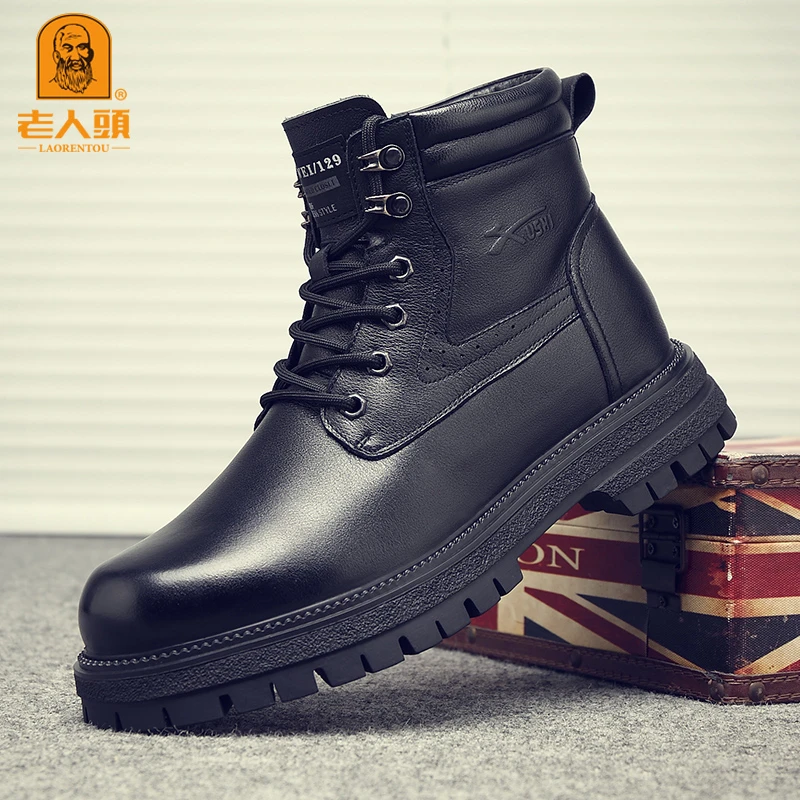 老人头冬季新款正品真皮男士马丁靴加绒保暖男棉鞋休闲皮鞋高帮鞋
