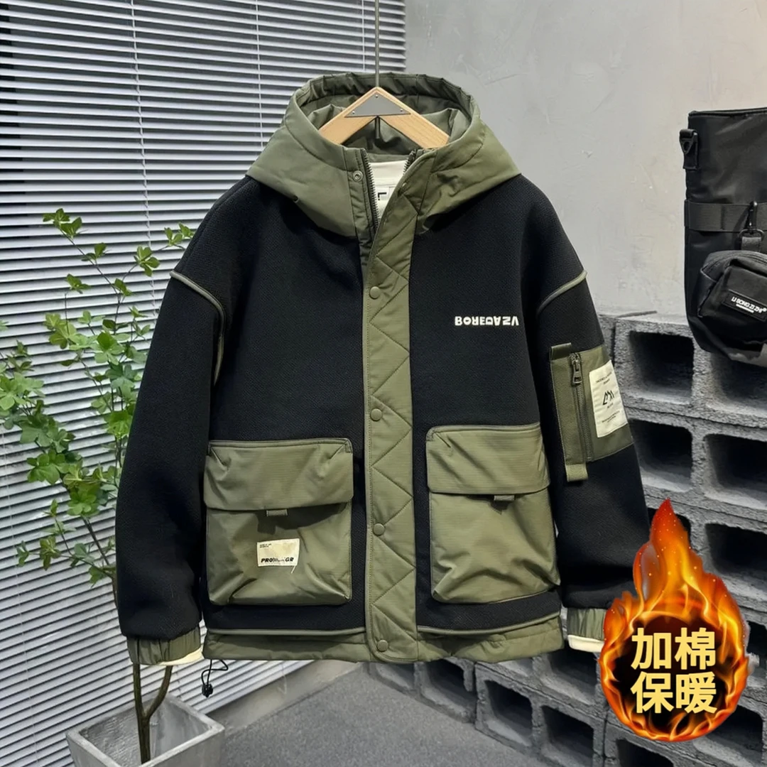 男士秋冬新款颗粒绒休闲拼接抗寒棉服潮牌百搭加厚连帽夹克外套
