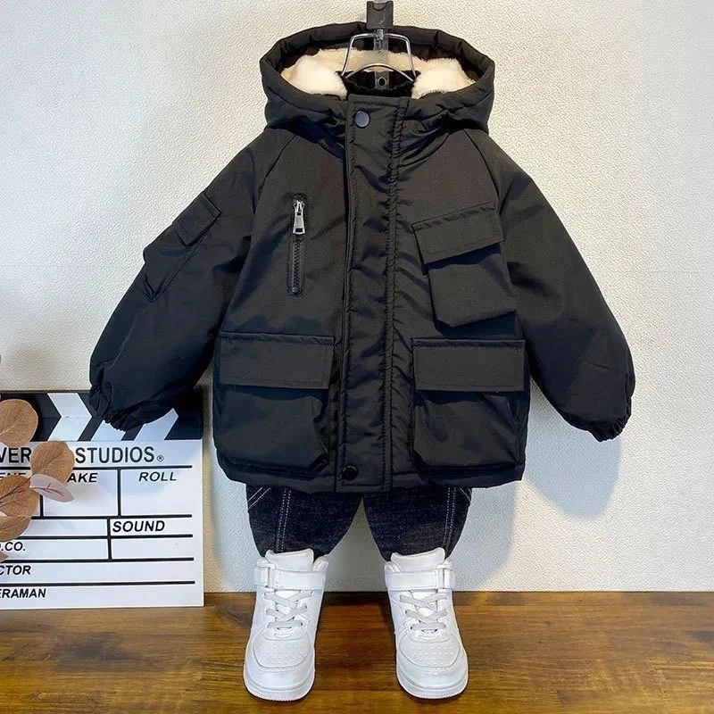 巴菈拉男童加绒派克服2023新款洋气棉袄衣服儿童秋冬装加厚外套BO
