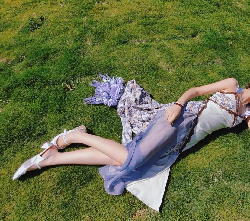 仙子狗尾巴花原创正版仙藻紫色碎花拼接鱼尾开叉花边吊带长裙