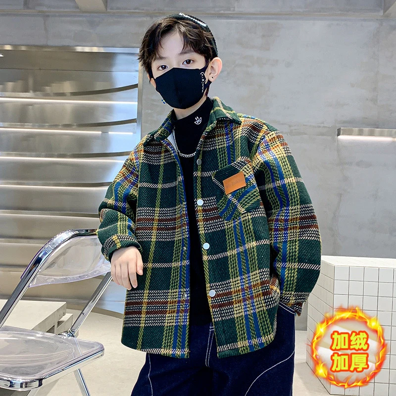 男童加绒加厚外套秋冬2023新款儿童春秋上衣男孩格子衬衫秋季潮牌