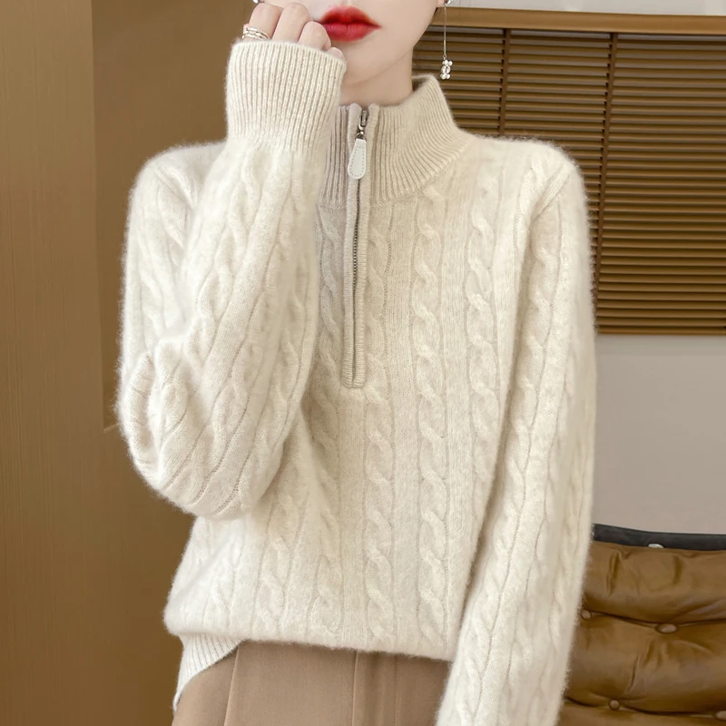 秋冬新爆款羊毛针织衫纯色时尚绞花半拉链设计感刺绣马立领羊毛衫