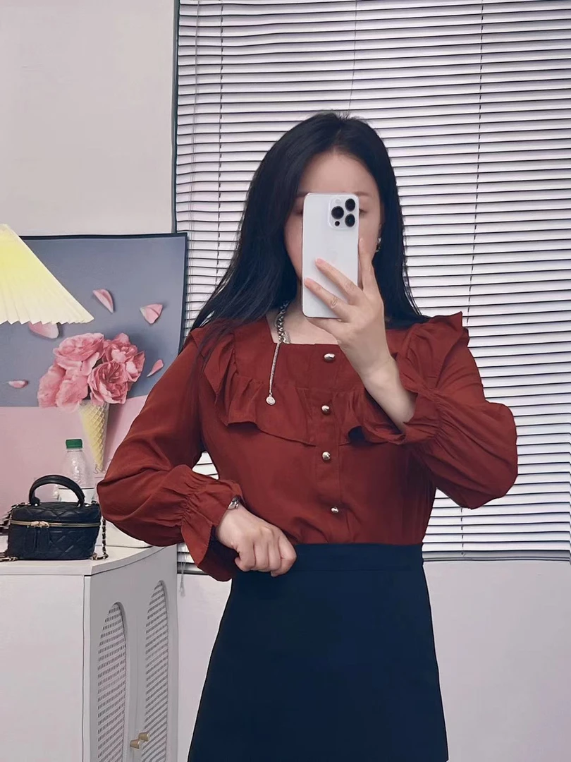 F10089轻奢法式时尚木耳边长袖秋季轻奢高级感洋气独特别致小衫