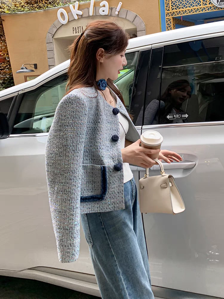 蓝色法式拼接撞色小香风外套2024新款短款外套女时尚洋气毛呢