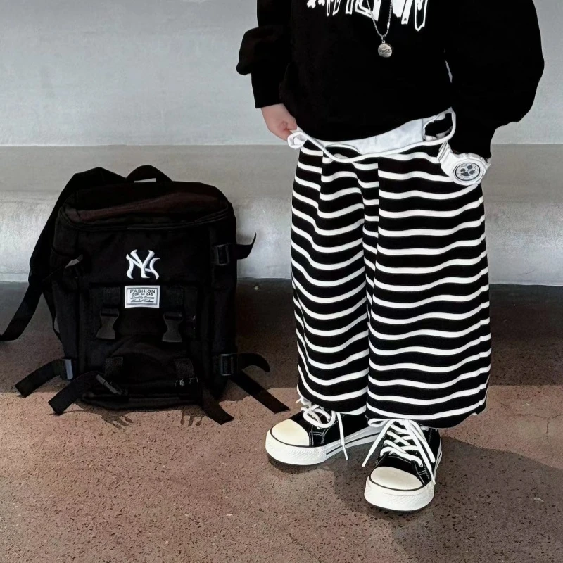 【keykey】冬季儿童韩版条纹直筒裤男童加绒款卫裤kkk445