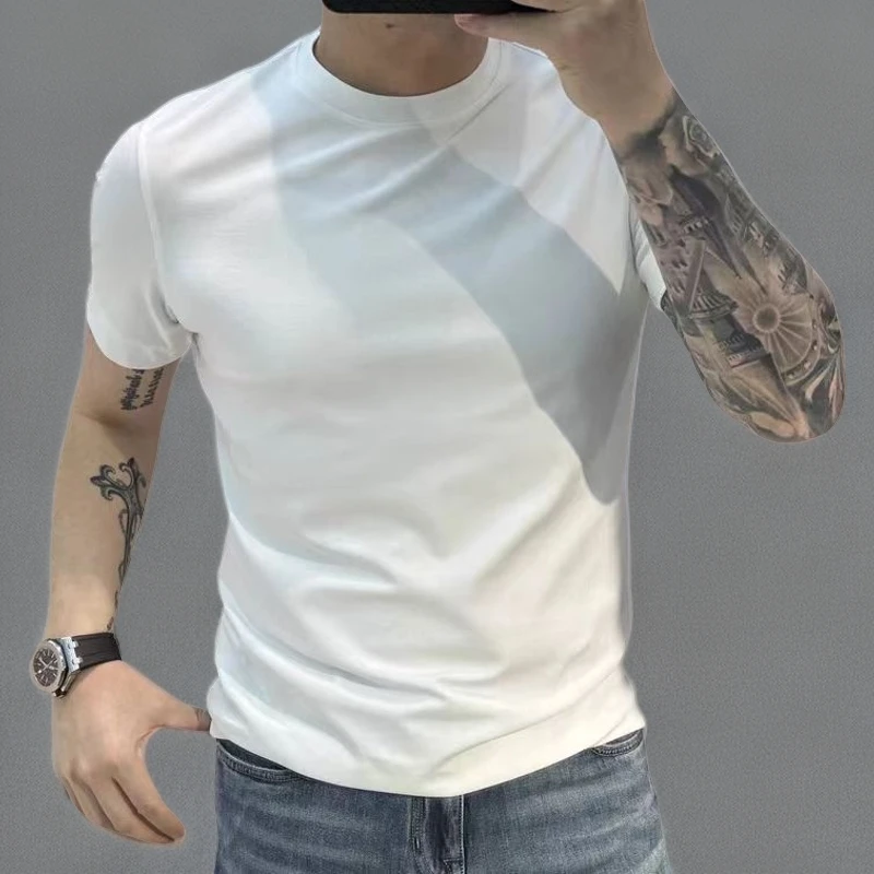 男士短袖纯棉T恤夏季新款百搭修身纯色圆领韩版高档白色上衣半袖t