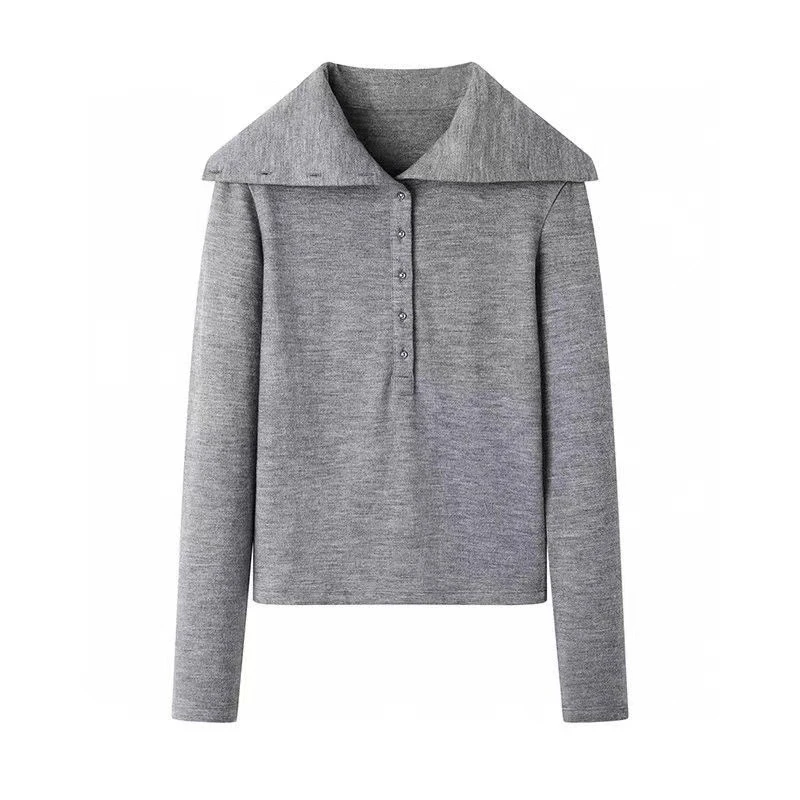C107秋冬季大翻领半纽扣长袖休闲百搭简约显瘦纯色针织衫上衣女