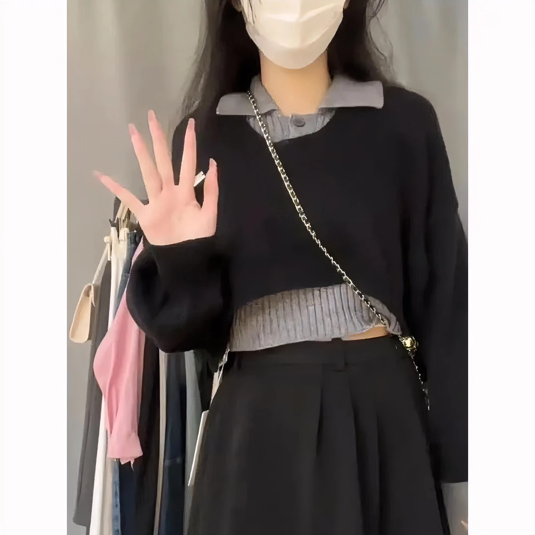 韩版休闲针织衫秋冬新款设计感外穿高腰短款毛衣罩衫叠穿两件套女