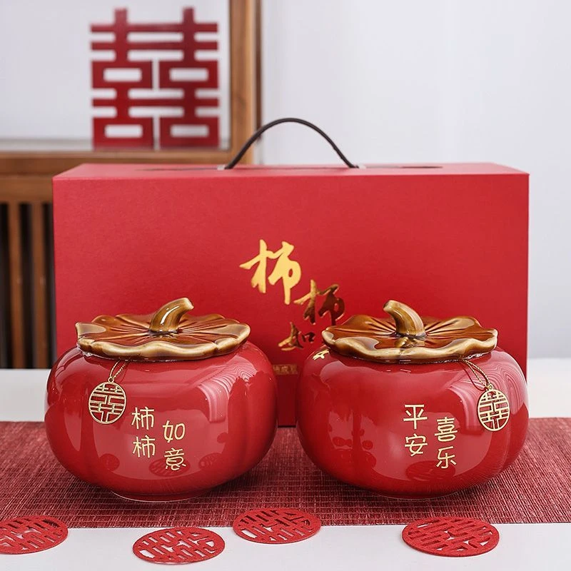 罐罐结婚伴手礼背景墙订婚墙壁挂画客厅摆件玄关高档柿柿如意摆件