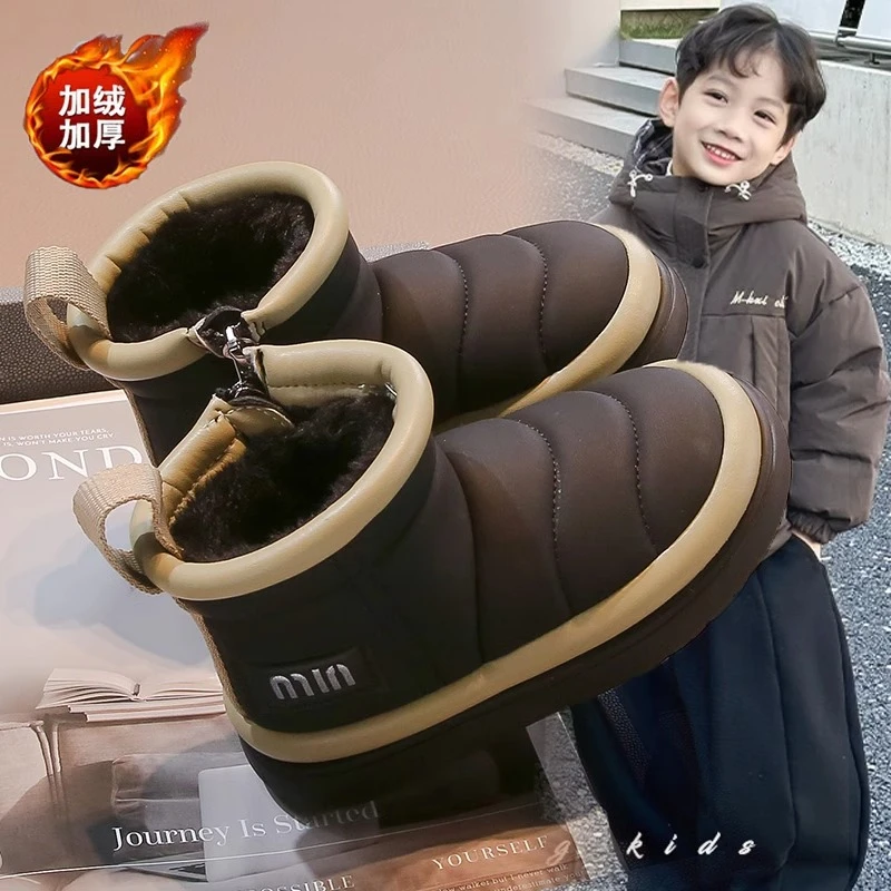 ABC男童 雪地靴加绒加厚2025冬季款儿童棉鞋保暖皮面防水防滑靴子