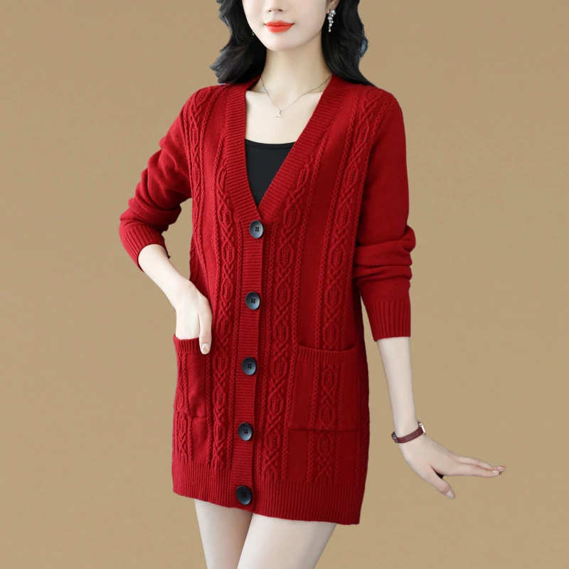 高端气质中长款毛衣外套女春秋新款宽松显瘦针织开衫加厚外搭披肩