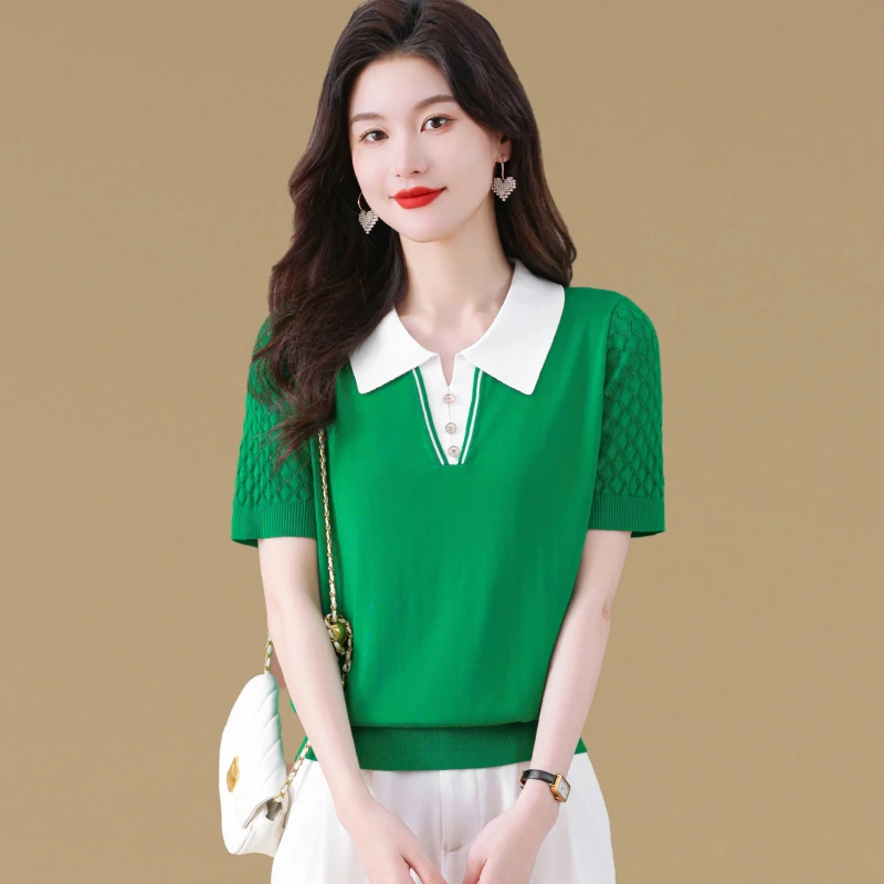 高档轻奢减龄气质翻领POLO衫冰丝针织短袖女夏季新款时尚洋气上衣