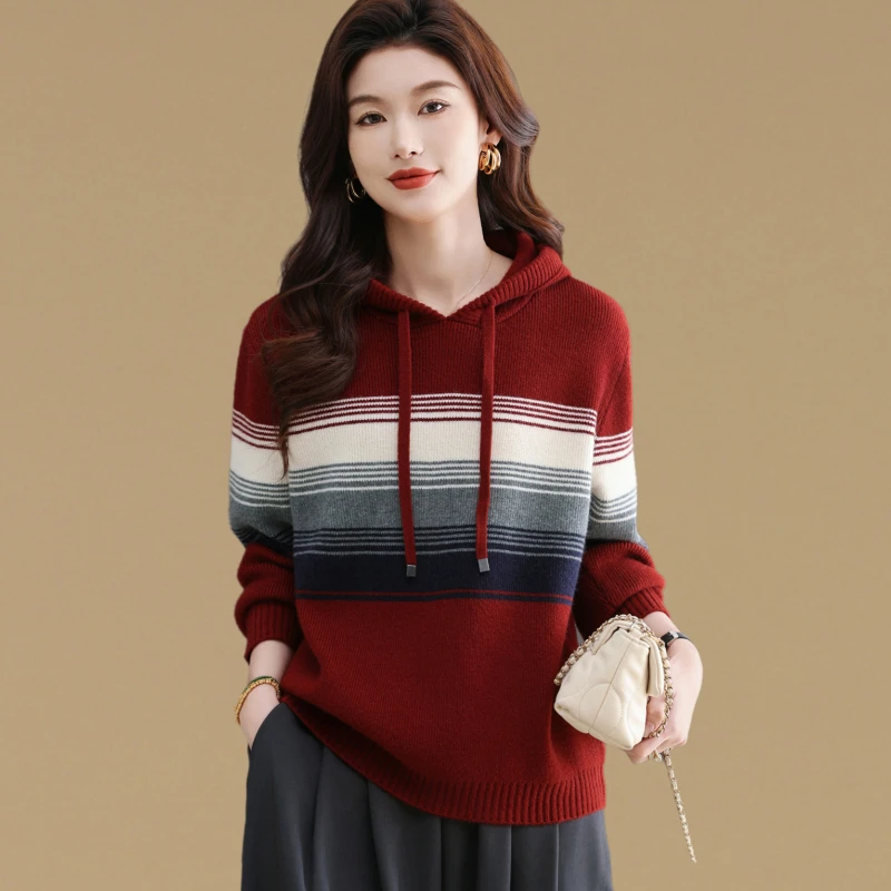 时尚撞色条纹连帽毛衣针织卫衣女秋冬短款宽松休闲高级感加厚上衣