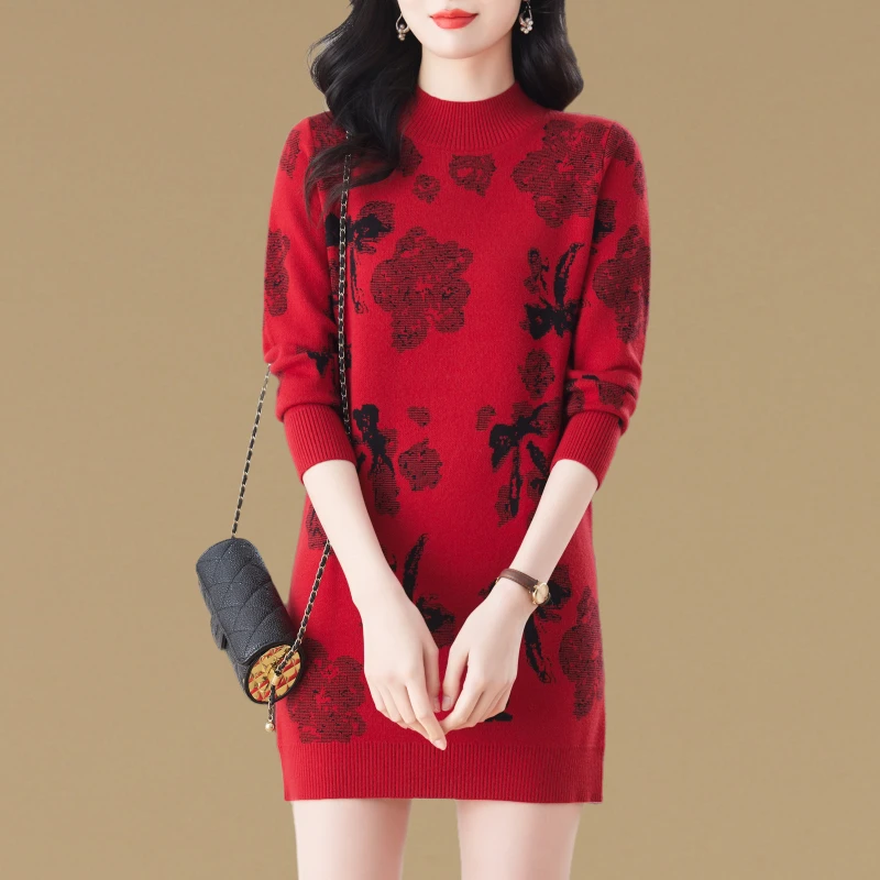 时尚洋气提花大码宽松中长款毛衣裙女秋冬加厚针织打底衫内搭上衣