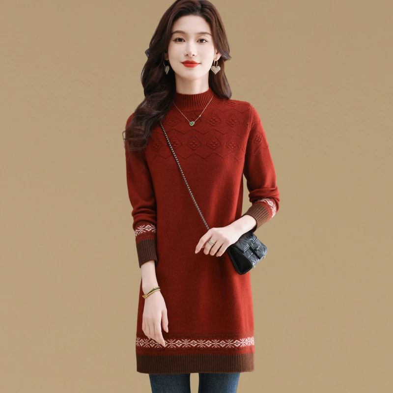 时髦高级感半高领中长款毛衣打底衫女秋冬大码宽松加厚针织连衣裙
