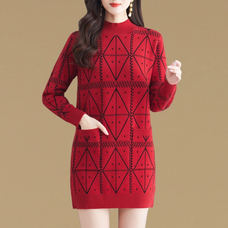 时尚洋气提花配大衣中长款毛衣裙女秋冬加厚针织打底衫内搭上衣潮