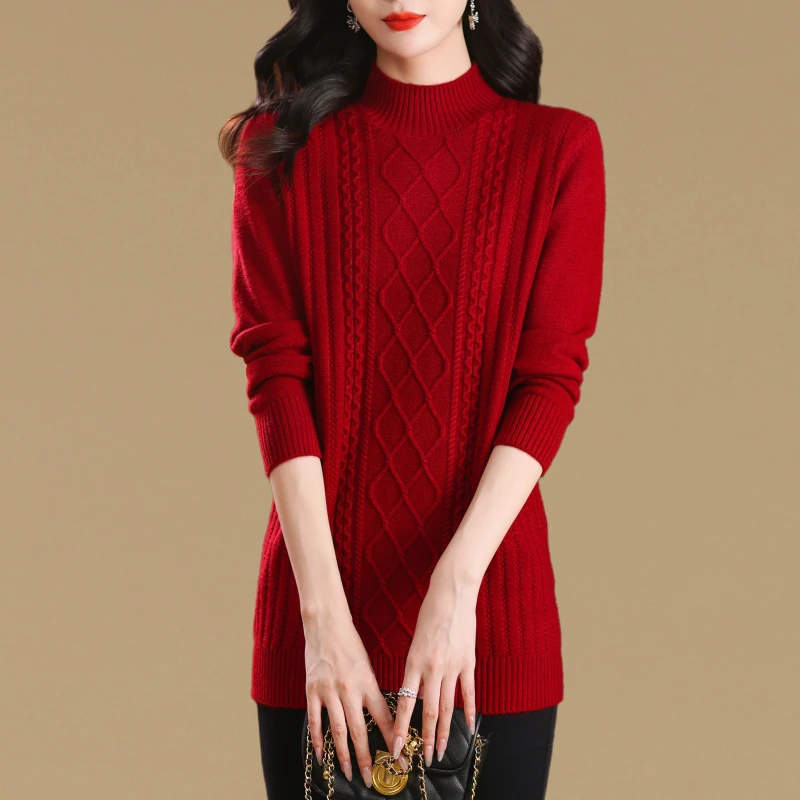 秋冬新款时尚洋气中长款毛衣女套头半高领宽松显瘦百搭针织打底衫
